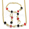 Oro Laminado Necklace, Bracelet and Earring, Gold Filled Style Elephant Design, with Garnet and Black Crystal, Polished, Golden Finish, 06.213.0001