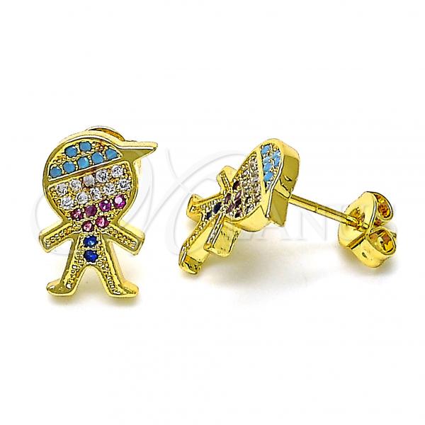 Oro Laminado Stud Earring, Gold Filled Style Little Boy Design, with Multicolor Micro Pave, Polished, Golden Finish, 02.341.0032