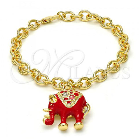 Oro Laminado Charm Bracelet, Gold Filled Style Elephant and Rolo Design, with White Crystal, Red Enamel Finish, Golden Finish, 03.179.0001.1.07