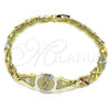 Oro Laminado Fancy Bracelet, Gold Filled Style Guadalupe and Flower Design, Diamond Cutting Finish, Tricolor, 03.351.0147.08