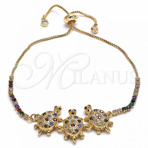 Oro Laminado Adjustable Bolo Bracelet, Gold Filled Style Turtle Design, with Multicolor and White Cubic Zirconia, Polished, Golden Finish, 03.316.0057.1.11