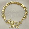 Oro Laminado Fancy Bracelet, Gold Filled Style Elephant and Leaf Design, with White and Ruby Micro Pave, Polished, Golden Finish, 03.284.0025.07