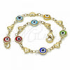 Oro Laminado Fancy Bracelet, Gold Filled Style Evil Eye and Heart Design, Multicolor Resin Finish, Golden Finish, 03.326.0008.08