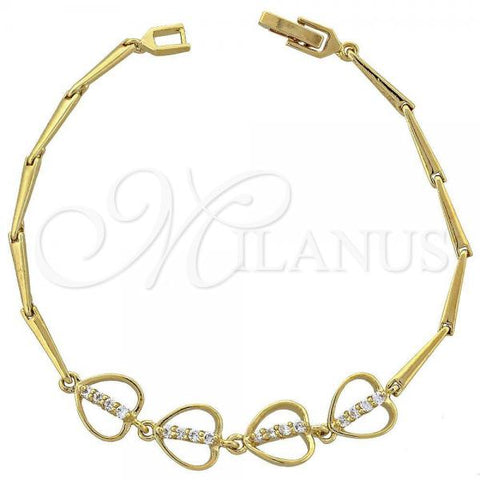 Oro Laminado Fancy Bracelet, Gold Filled Style Heart Design, with White Cubic Zirconia, Polished, Golden Finish, 5.029.010