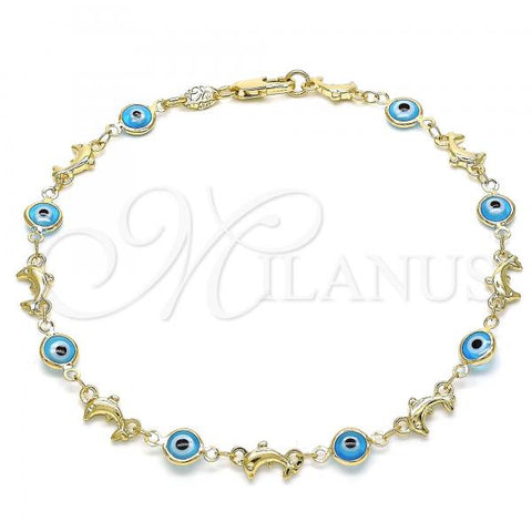 Oro Laminado Fancy Anklet, Gold Filled Style Evil Eye and Dolphin Design, Turquoise Resin Finish, Golden Finish, 03.326.0009.3.10