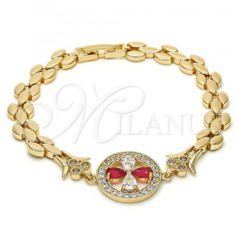 Oro Laminado Fancy Bracelet, Gold Filled Style Flower Design, with Ruby and White Cubic Zirconia, Polished, Golden Finish, 03.210.0044.4.08