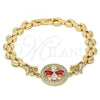 Oro Laminado Fancy Bracelet, Gold Filled Style Flower Design, with Ruby and White Cubic Zirconia, Polished, Golden Finish, 03.210.0044.4.08