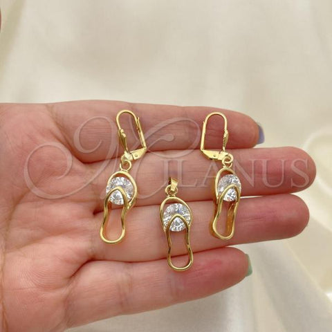 Oro Laminado Earring and Pendant Adult Set, Gold Filled Style with White Cubic Zirconia, Polished, Golden Finish, 10.63.0324