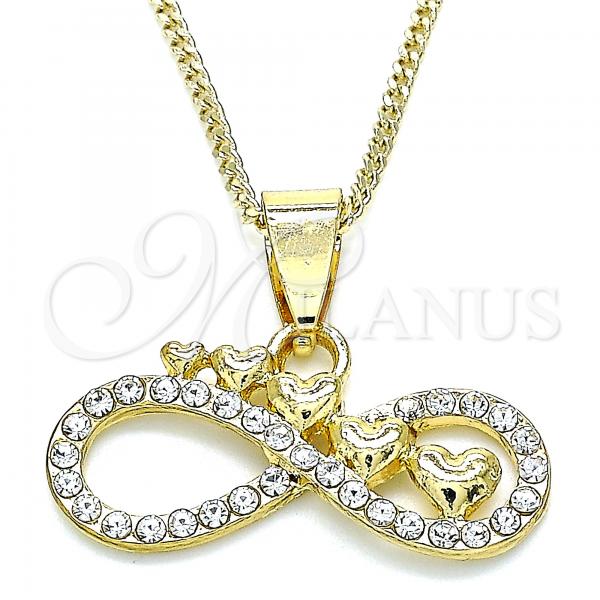 Oro Laminado Pendant Necklace, Gold Filled Style Heart and Infinite Design, with White Crystal, Polished, Golden Finish, 04.380.0006.20