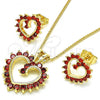 Oro Laminado Earring and Pendant Adult Set, Gold Filled Style Heart Design, with Garnet Cubic Zirconia, Polished, Golden Finish, 10.316.0015.1