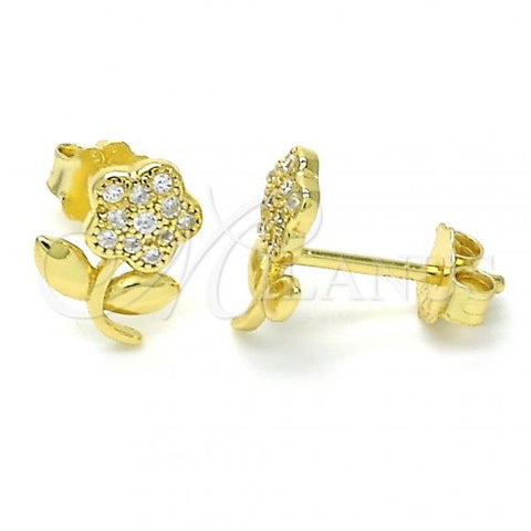 Sterling Silver Stud Earring, Flower Design, with White Micro Pave, Polished, Golden Finish, 02.174.0072