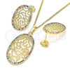Oro Laminado Earring and Pendant Adult Set, Gold Filled Style with Multicolor Cubic Zirconia, Polished, Golden Finish, 10.233.0038.1