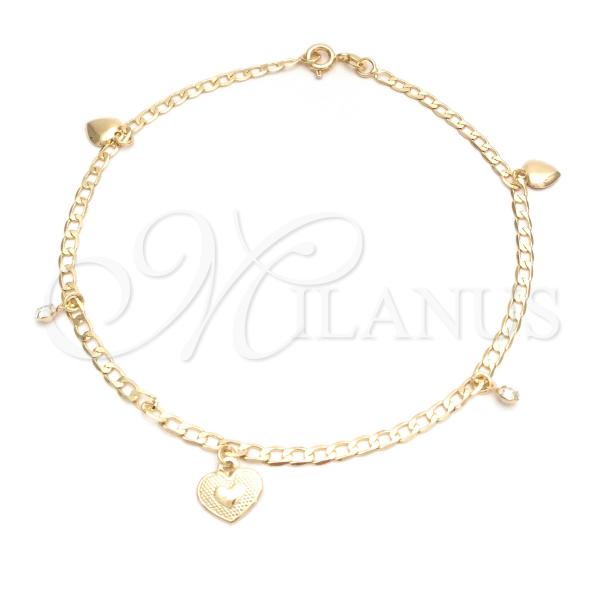 Oro Laminado Charm Anklet , Gold Filled Style Heart and Figaro Design, with White Cubic Zirconia, Polished, Golden Finish, 03.58.0035.10