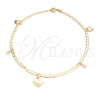 Oro Laminado Charm Anklet , Gold Filled Style Heart and Figaro Design, with White Cubic Zirconia, Polished, Golden Finish, 03.58.0035.10