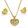 Oro Laminado Earring and Pendant Adult Set, Gold Filled Style Heart Design, with White Micro Pave, Polished, Golden Finish, 10.199.0034