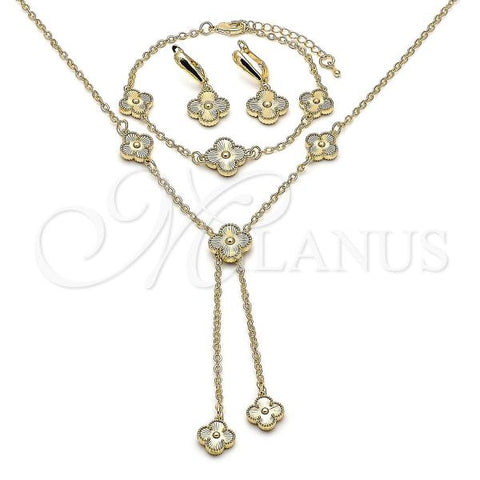 Oro Laminado Necklace, Bracelet, Earring and Ring, Gold Filled Style Four-leaf Clover and Rolo Design, Diamond Cutting Finish, Golden Finish, 06.372.0090