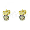 Oro Laminado Stud Earring, Gold Filled Style Pineapple Design, with Multicolor Micro Pave, Polished, Golden Finish, 02.156.0543.1