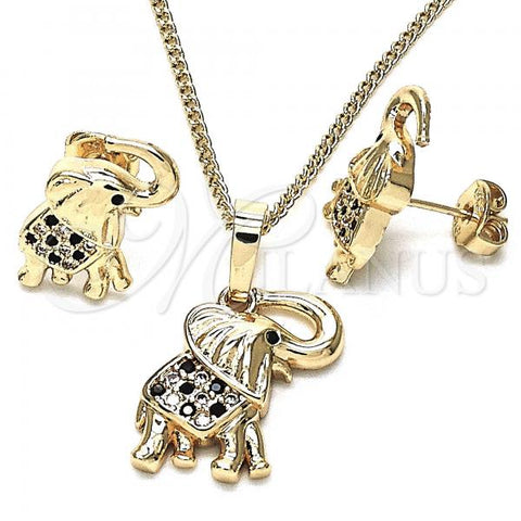Oro Laminado Earring and Pendant Adult Set, Gold Filled Style Elephant Design, with Black and White Micro Pave, Polished, Golden Finish, 10.26.0021.4