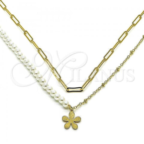 Oro Laminado Fancy Necklace, Gold Filled Style Flower and Paperclip Design, with Ivory Pearl, Polished, Golden Finish, 04.213.0290.16