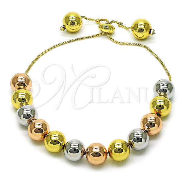 Oro Laminado Adjustable Bolo Bracelet, Gold Filled Style Ball and Box Design, Polished, Tricolor, 03.341.2292.12