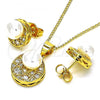 Oro Laminado Earring and Pendant Adult Set, Gold Filled Style with White Micro Pave and Ivory Pearl, Polished, Golden Finish, 10.344.0024