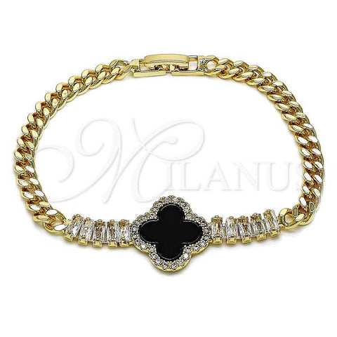 Oro Laminado Fancy Bracelet, Gold Filled Style Four-leaf Clover and Baguette Design, with Black Mother of Pearl and White Cubic Zirconia, Polished, Golden Finish, 03.283.0436.07