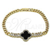 Oro Laminado Fancy Bracelet, Gold Filled Style Four-leaf Clover and Baguette Design, with Black Mother of Pearl and White Cubic Zirconia, Polished, Golden Finish, 03.283.0436.07