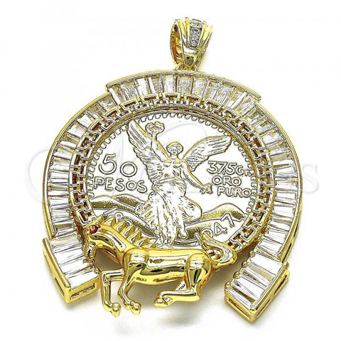 Oro Laminado Religious Pendant, Gold Filled Style Centenario Coin and Angel Design, with White and Garnet Cubic Zirconia, Polished, Golden Finish, 05.380.0158
