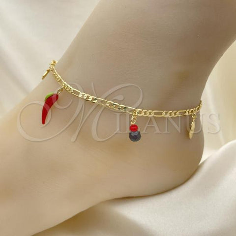 Oro Laminado Charm Anklet , Gold Filled Style Evil Eye and Hand of God Design, with Black Azavache, Polished, Golden Finish, 03.32.0597.10