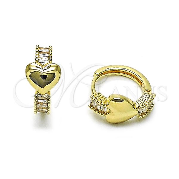 Oro Laminado Huggie Hoop, Gold Filled Style Heart and Baguette Design, with White Cubic Zirconia, Polished, Golden Finish, 02.196.0206.16