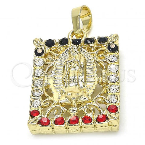 Oro Laminado Religious Pendant, Gold Filled Style Guadalupe Design, with Multicolor Crystal, Polished, Golden Finish, 05.213.0011