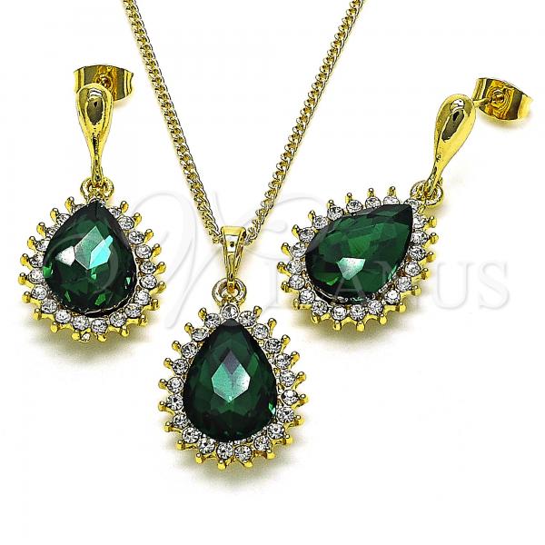 Oro Laminado Earring and Pendant Adult Set, Gold Filled Style Teardrop Design, with Green and White Crystal, Polished, Golden Finish, 10.379.0045.3