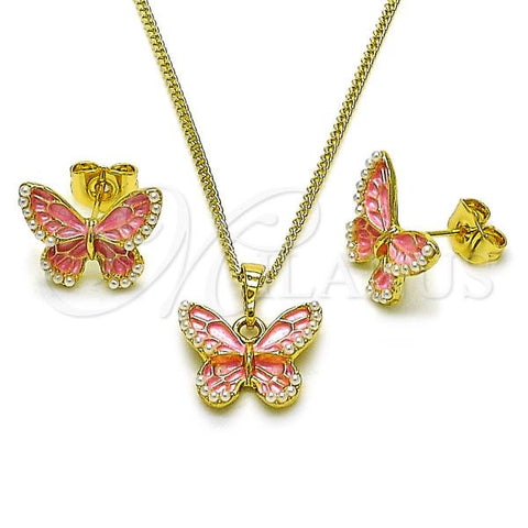 Oro Laminado Earring and Pendant Adult Set, Gold Filled Style Butterfly Design, with Ivory Mother of Pearl, Pink Enamel Finish, Golden Finish, 10.379.0094