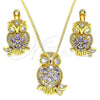 Oro Laminado Earring and Pendant Adult Set, Gold Filled Style Owl Design, with Amethyst Cubic Zirconia and White Micro Pave, Polished, Golden Finish, 10.210.0138