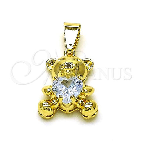 Oro Laminado Fancy Pendant, Gold Filled Style Teddy Bear and Heart Design, with White Cubic Zirconia, Polished, Golden Finish, 05.411.0020