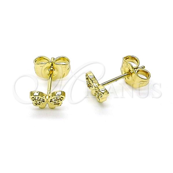 Oro Laminado Stud Earring, Gold Filled Style Bow Design, with White Micro Pave, Polished, Golden Finish, 02.196.0158