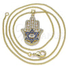Oro Laminado Pendant Necklace, Gold Filled Style Hand of God and Star of David Design, with Sapphire Blue and White Micro Pave, Polished, Golden Finish, 04.156.0210.20