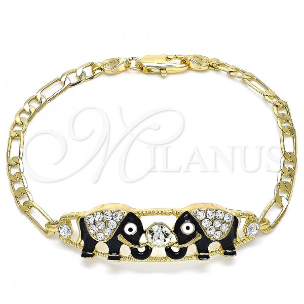 Oro Laminado Fancy Bracelet, Gold Filled Style Elephant Design, with White Crystal, Black Enamel Finish, Golden Finish, 03.380.0045.08