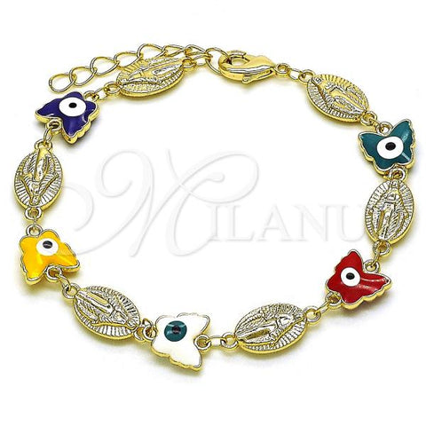 Oro Laminado Fancy Bracelet, Gold Filled Style Virgen Maria and Butterfly Design, Multicolor Enamel Finish, Golden Finish, 03.213.0223.2.07