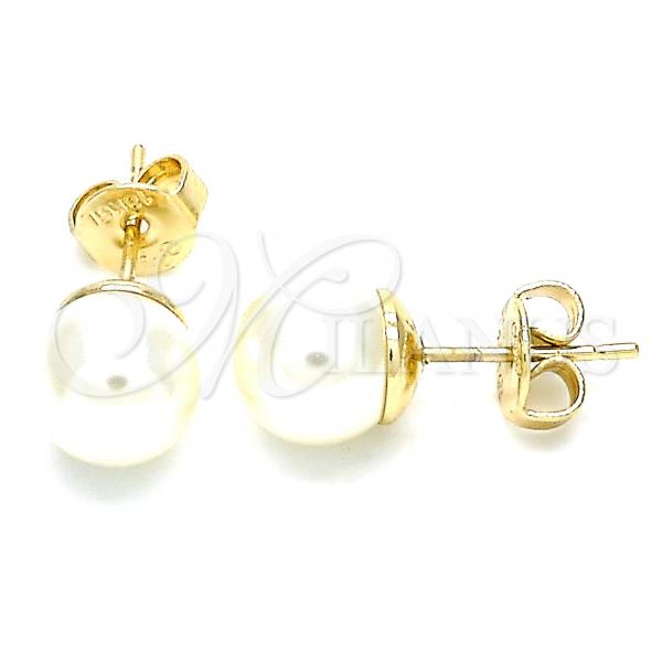 Oro Laminado Stud Earring, Gold Filled Style Ball Design, with Ivory Pearl, Polished, Golden Finish, 02.63.2124