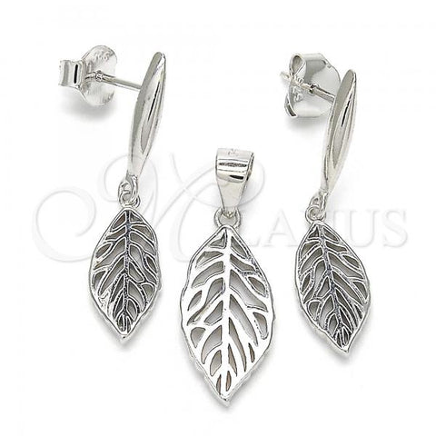 Sterling Silver Earring and Pendant Adult Set, Leaf Design, Polished, Rhodium Finish, 10.337.0003
