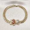 Oro Laminado Fancy Bracelet, Gold Filled Style Teddy Bear and Miami Cuban Design, with Garnet Cubic Zirconia and White Micro Pave, Polished, Golden Finish, 03.284.0061.1.07