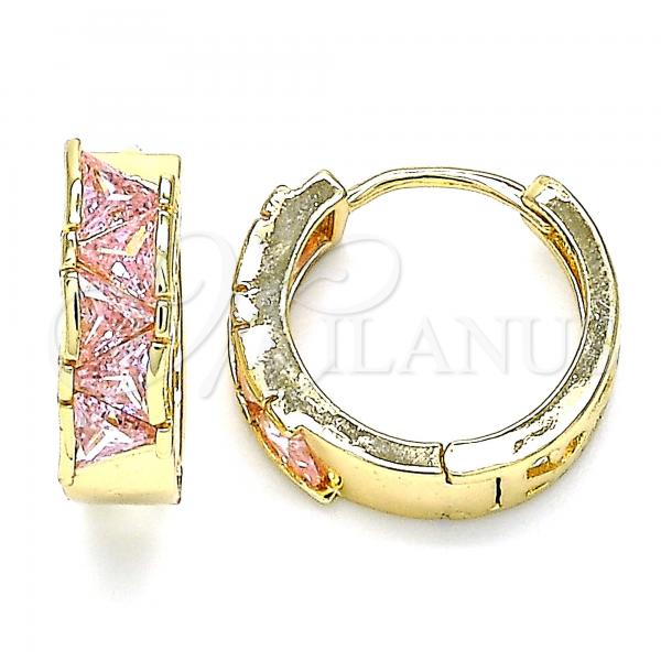 Oro Laminado Huggie Hoop, Gold Filled Style with Pink Cubic Zirconia, Polished, Golden Finish, 02.210.0590.1.15