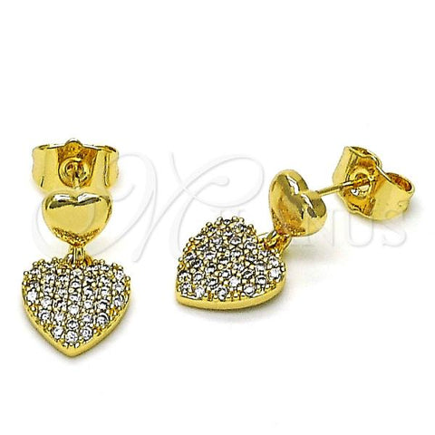 Oro Laminado Dangle Earring, Gold Filled Style Heart Design, with White Micro Pave, Polished, Golden Finish, 02.283.0079