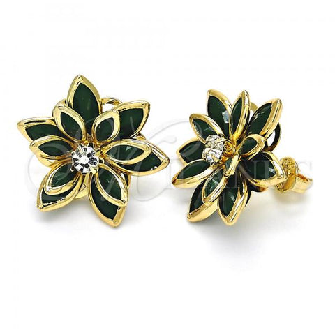 Oro Laminado Stud Earring, Gold Filled Style Flower Design, with Green and White Crystal, Polished, Golden Finish, 02.64.0639.3