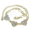 Oro Laminado Fancy Bracelet, Gold Filled Style Heart Design, with White Crystal, Polished, Tricolor, 03.380.0130.07