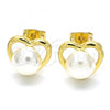 Oro Laminado Stud Earring, Gold Filled Style Heart and Ball Design, with Ivory Pearl, Polished, Golden Finish, 02.342.0056