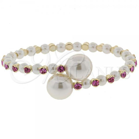 Oro Laminado Individual Bangle, Gold Filled Style Ball Design, with Light Rhodolite Crystal and White Pearl, Polished, Golden Finish, 07.63.0147 (13 MM Thickness, One size fits all)