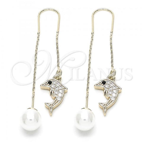 Oro Laminado Long Earring, Gold Filled Style Dolphin Design, with White and White Cubic Zirconia, Polished, Golden Finish, 02.210.0333