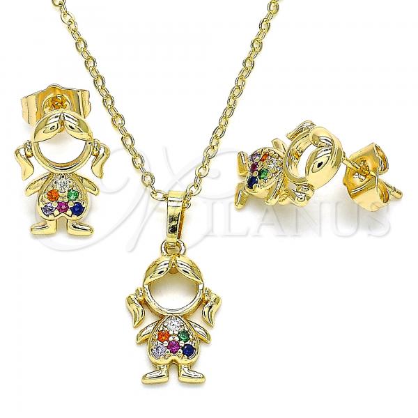 Oro Laminado Earring and Pendant Adult Set, Gold Filled Style Little Girl Design, with Multicolor Micro Pave, Polished, Golden Finish, 10.210.0151.1